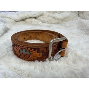 Vintage Hand Painted Genuine Leather Southwestern Belt Turquoise Size 44 USA